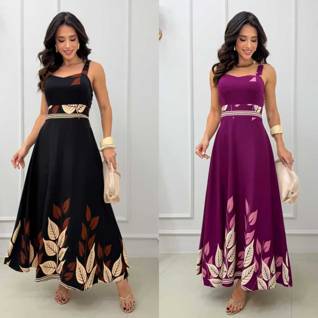 Vestido longo Feminino elegante com alça grosa com Bojo casual e festa tecido Visco Sarja