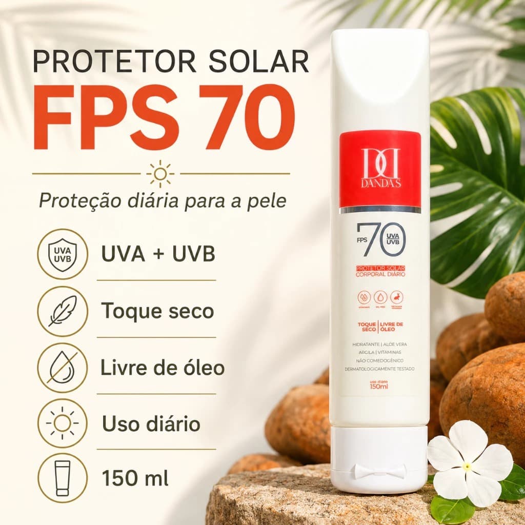 Protetor Solar ANTISSINAIS  Dandas Fps 70, Toque seco, ROSTO E CORPO, VEGANO, CLAREADOR -150ML