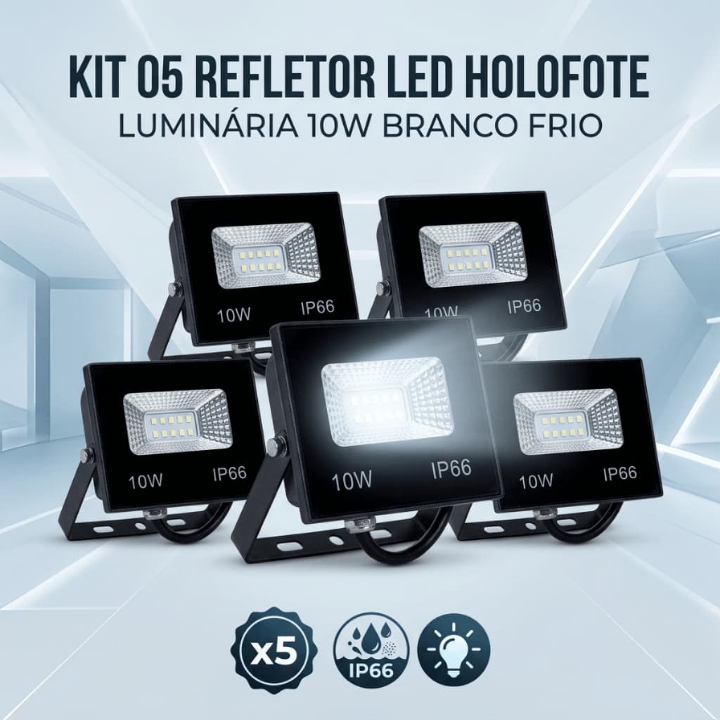 Kit 5 Refletor Led Holofote 10w Luminária Branco-Frio Bivolt Iluminação de LED IP67 Área Externa Fachada Garagem Quintal