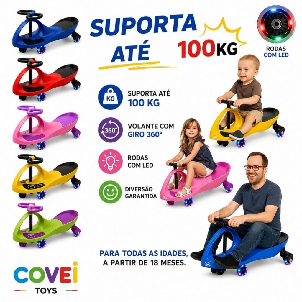 Carrinho Rolimã Car 100kg Com Volante 360° Drift Zig Zag Rodas LED Triciclo Infantil Menino Menina