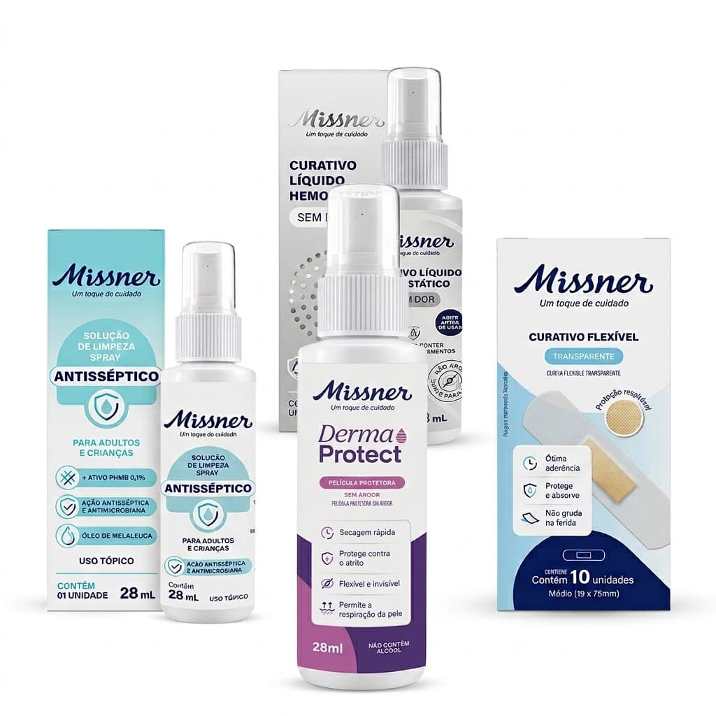Kit Primeiros Socorros – Hemostático 28ml + Antisséptico 28ml + Película Protetora 28ml + Curativo Flexível  Missner