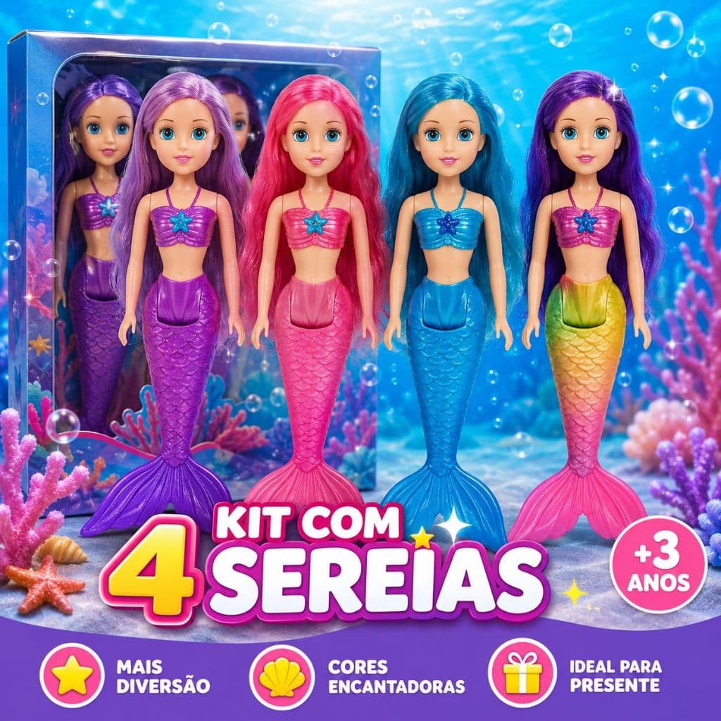 Kit Boneca Sereia Mágica Articulada Colorida