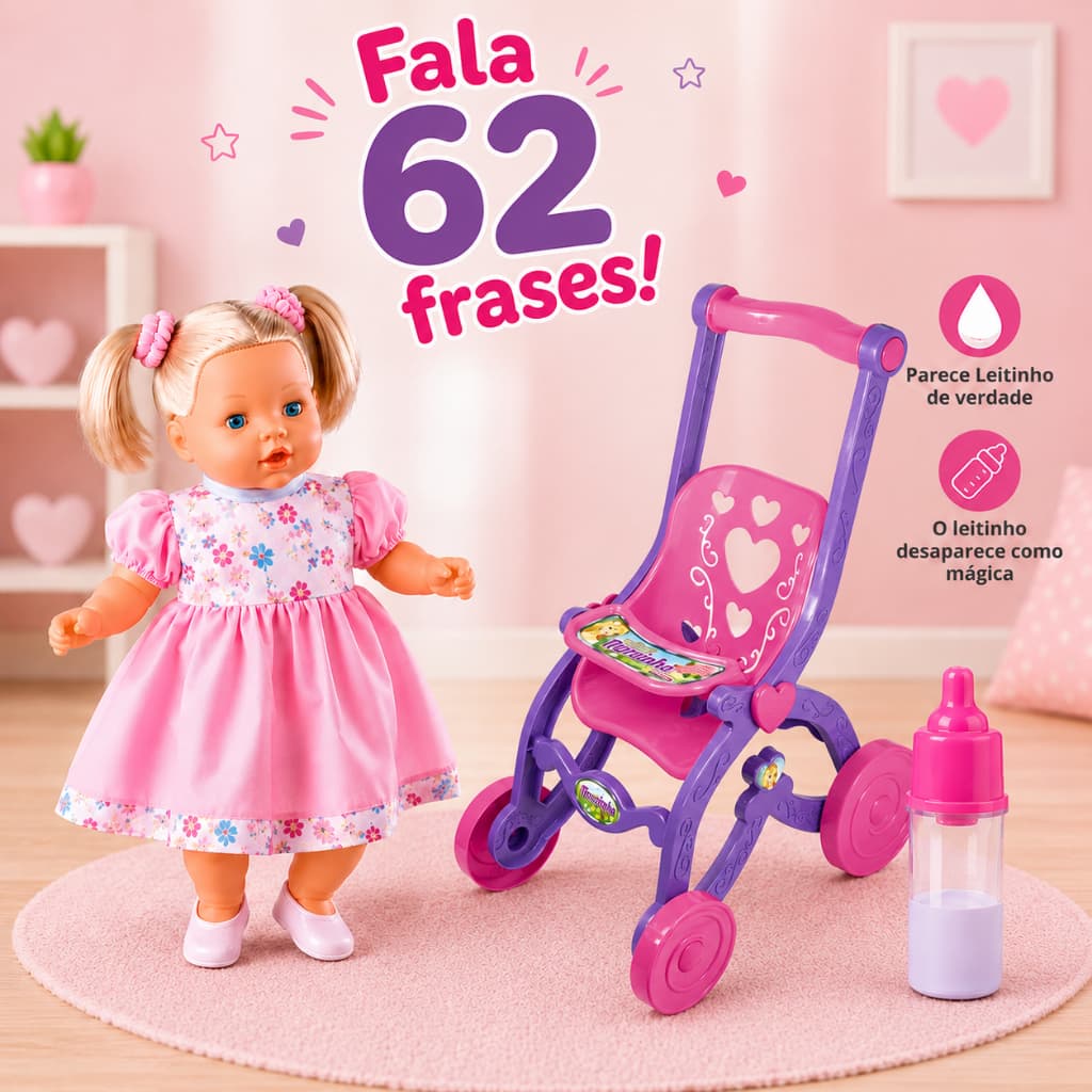 Boneca Angelina Fala 62 Frases mamadeira magica mais carrinho de passeio para boneca florzinha kit