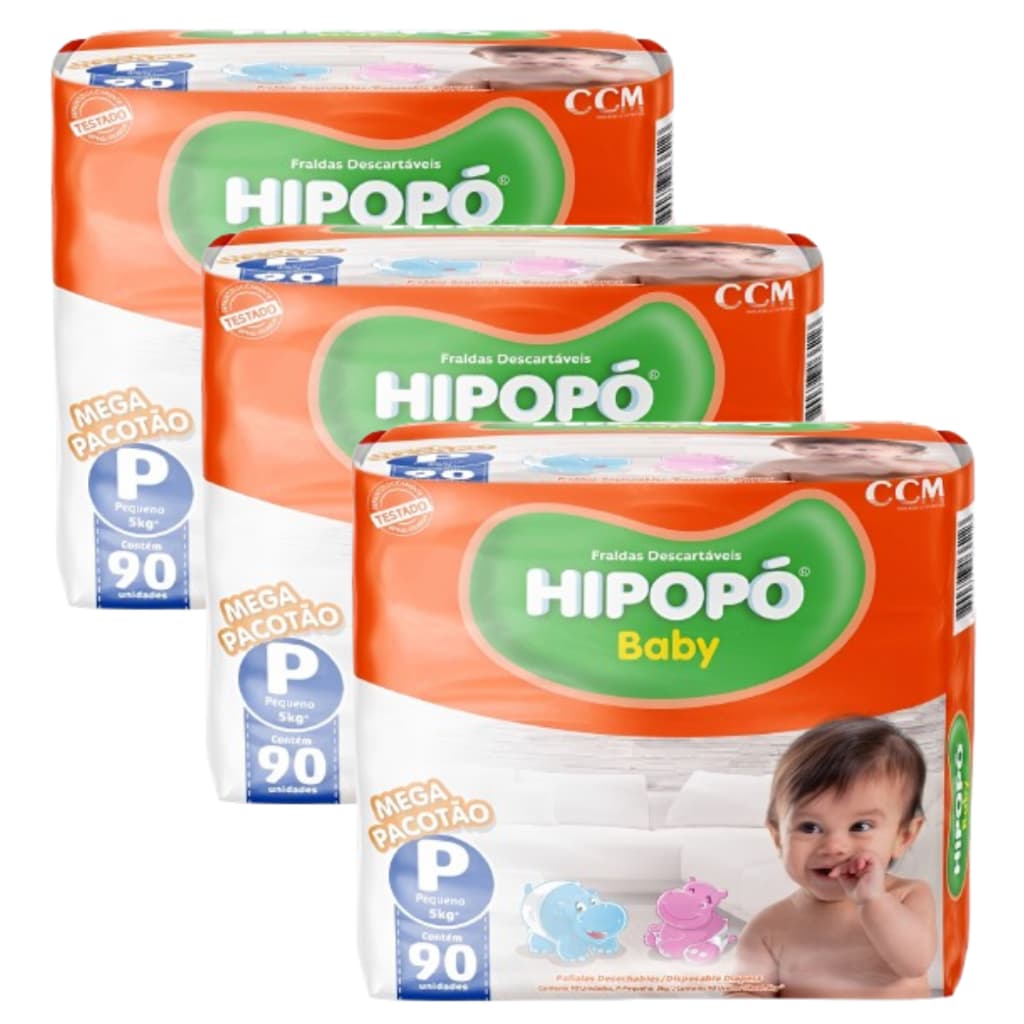 Kit 3 Fralda Descartável Hipopó Baby P Pacotão Hiper Total 270 Unid. Econômica