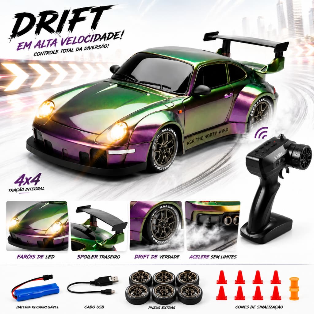 Carrinho Controle Remoto Porsche Drift Led Recarregável Carrinho de Brinquedo Bateria Led Rodas Cone