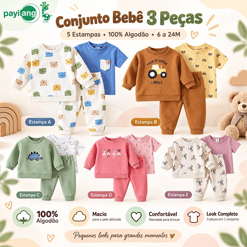 Conjunto Infantil Menino Menina 3 Peças 100% Algodão Moletom Camiseta Calça Roupa de Bebê 6 a 24M