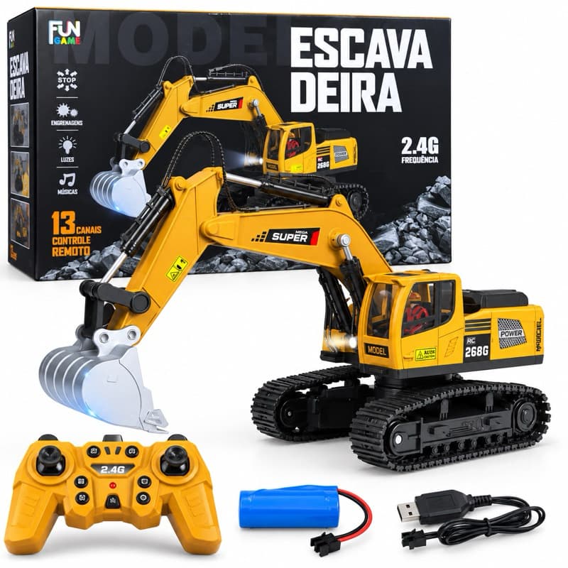 Escavadeira Controle Remoto 13 Canais Com Luzes e Sons Carrinho Trator Brinquedo Infantil Recarregável