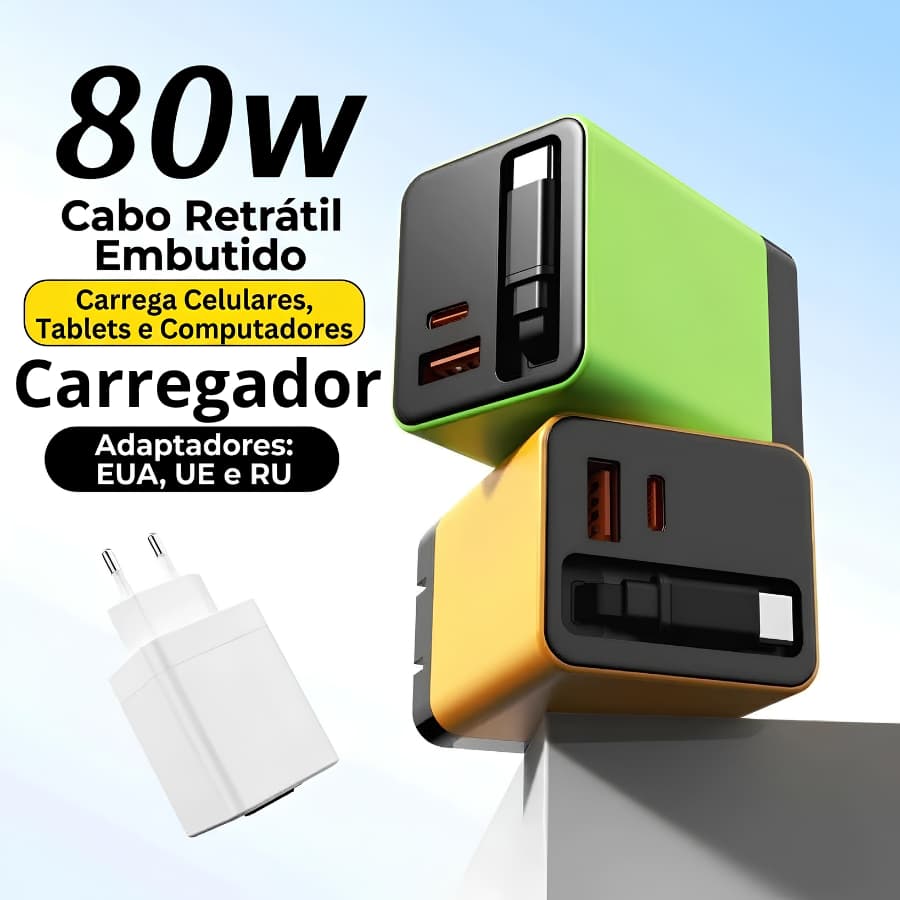 Carregador de Celular 80w Tecnologia GaN com Cabo Embutido Retrátil Carregamento Rápido USB Tipo C + 2 Entradas ANATEL