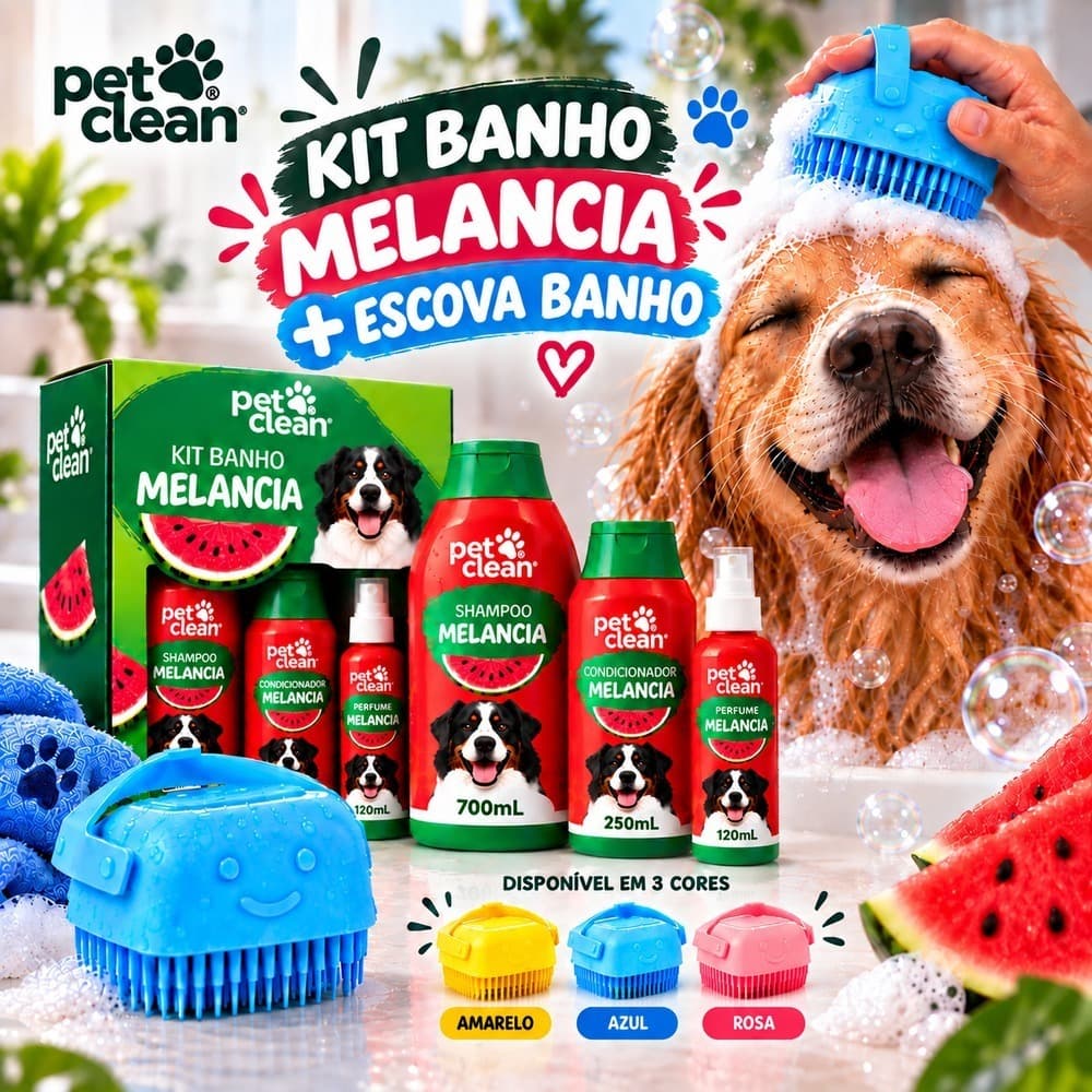 KIT BANHO PET CLEAN MELANCIA +ESCOVA– Shampoo 700ml + Condicionador 250ml + Perfume 120ml | Higiene e Cuidados para Cães