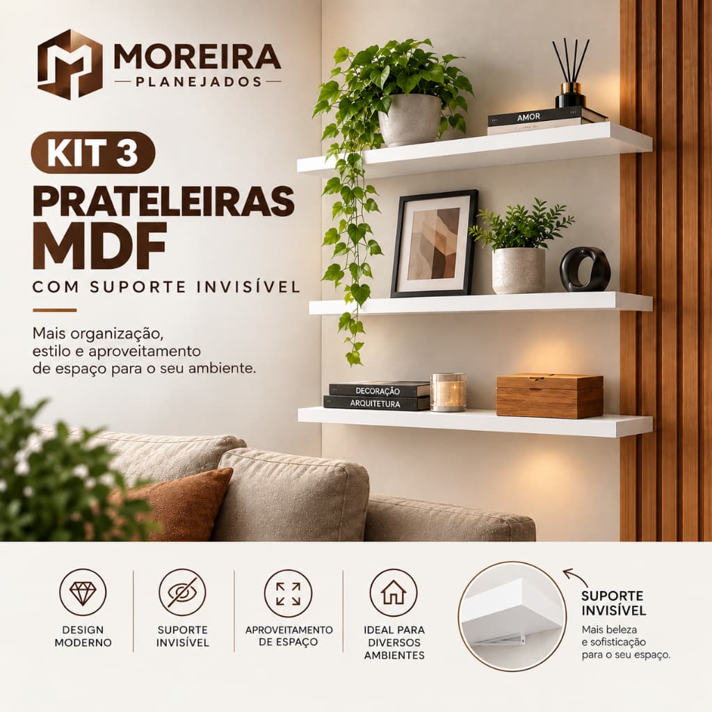 Kit 3 Prateleiras MDF Brancas 60x20 50x20 45x20cm com Suporte Invisível para Parede e Decoração Kit