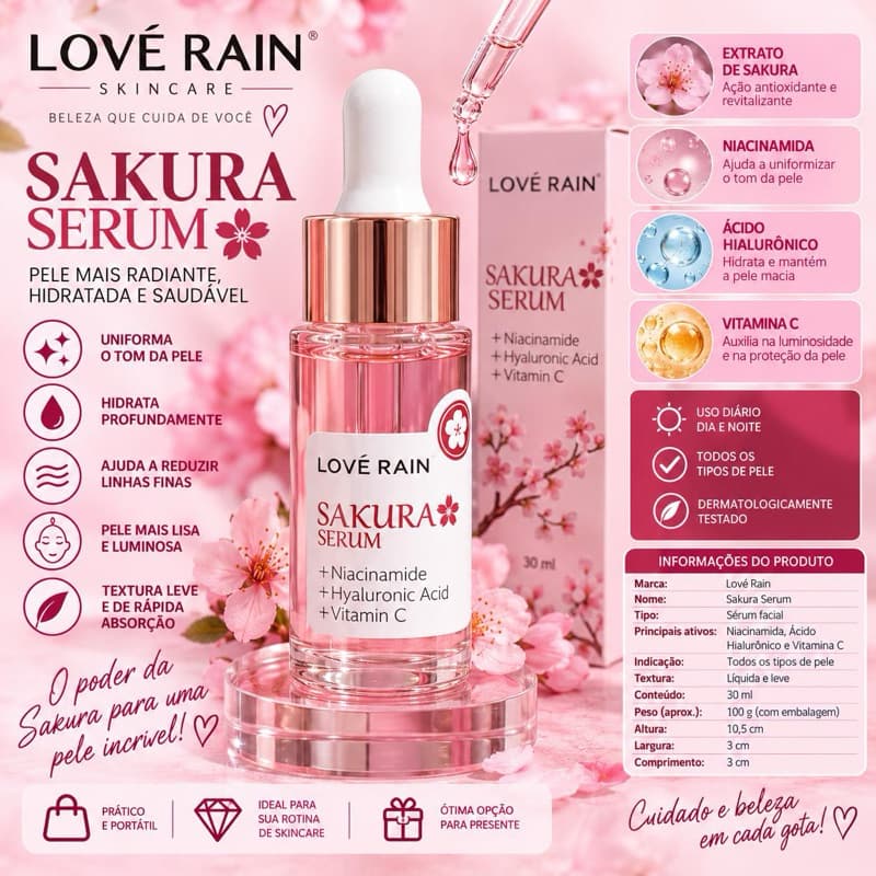 Sérum Facial Lové Rain Sakura com Niacinamida, Ácido Hialurônico e Vitamina C 30ml
