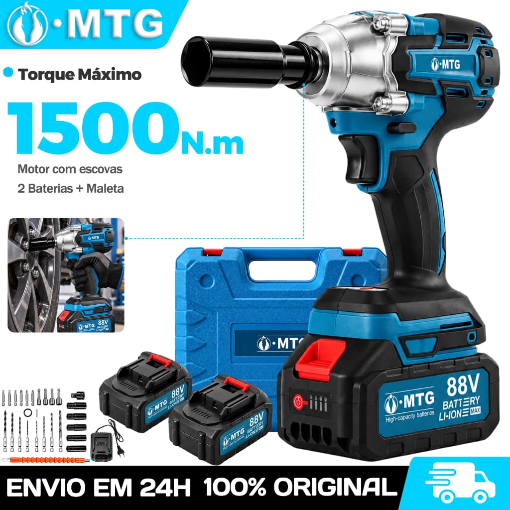 Chave de Impacto MTG 88V Sem Fio 1500Nm Motor Brushless com 2 Baterias e Maleta Kit Completo Profissional