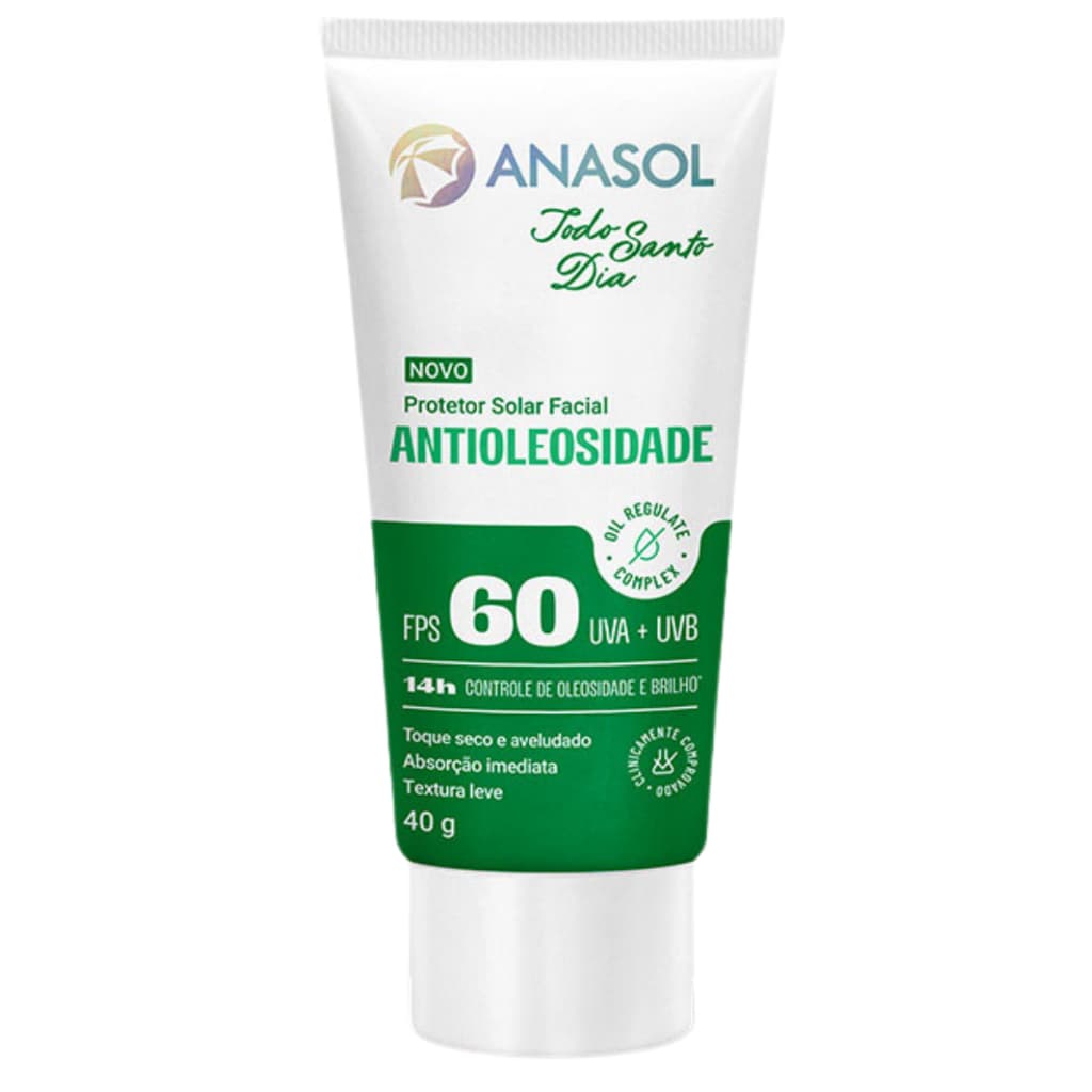 Protetor Solar Facial Anasol Antioleosidade FPS 60 - Controle de Brilho 14h Toque Seco 40g Todo Santo Dia