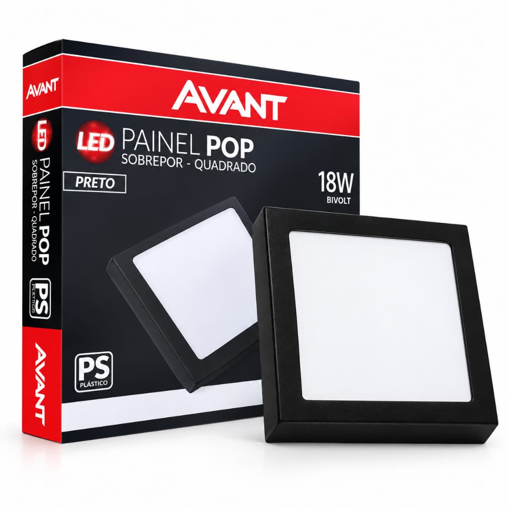 Luminária Painel Plafon Led 18W Preto Quadrado Sobrepor Avant Branco Frio 6500K Bivolt