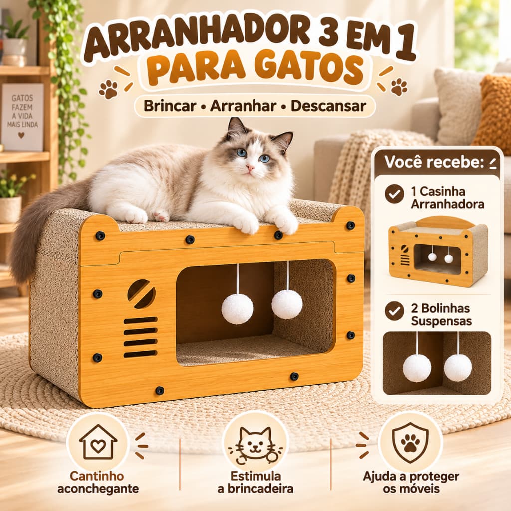 Arranhador para Gatos Casinha com Bolinhas Brinquedo Interativo Toca Pet