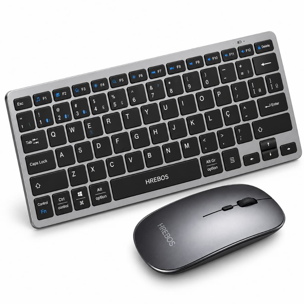 Kit Teclado e Mouse Bluetooth Recarregável Hrebos ABNT2 Sem Fio Cinza Ezsias Armarinhos
