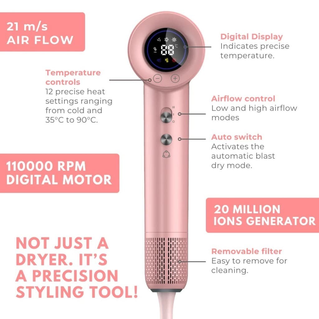 Secador de cabelo de alta velocidade, secador profissional iônico com display LED