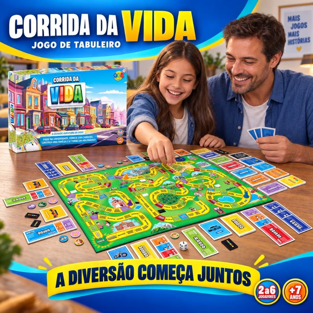Jogo de Tabuleiro para Família Corrida da Vida Cartas e Dinheiro Crianças e Adultos GGB