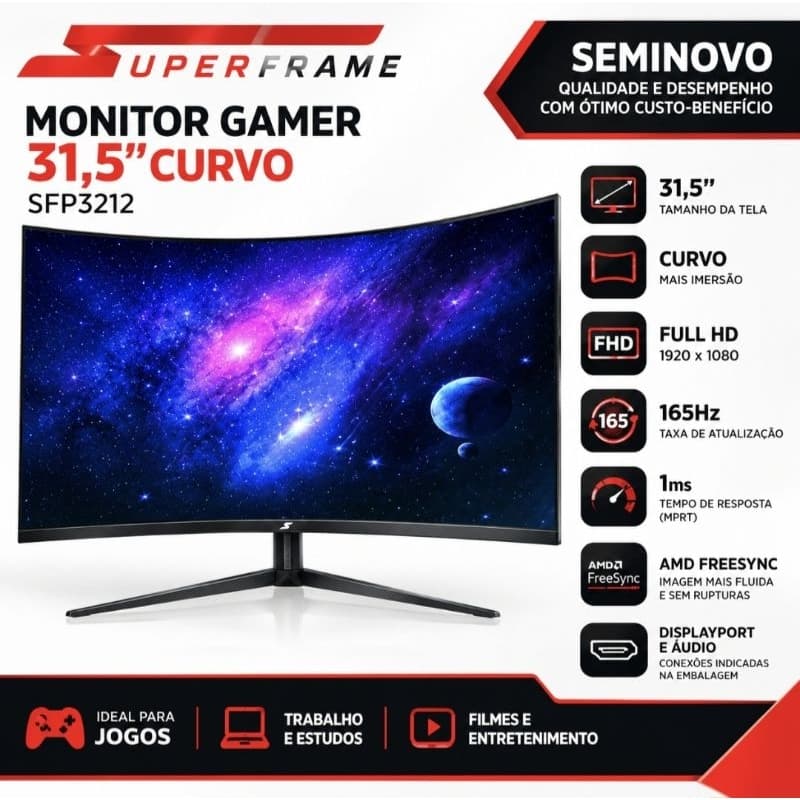 Monitor Gamer SuperFrame 31,5” Curvo Full HD 165Hz Seminovo