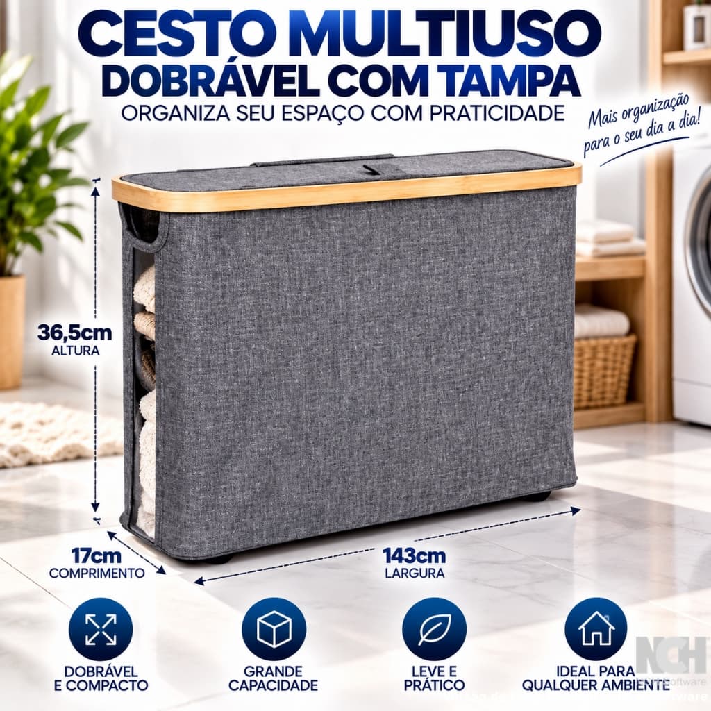 Cesto Organizador Dobrável Tampa e Visor Transparente Multiuso Banheiro Quarto Roupas Objetos cinza