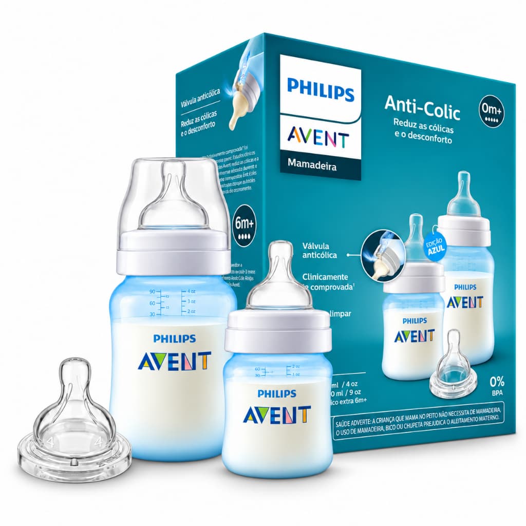 Kit 2 Mamadeiras Philips Avent Anti-Colic Azul 125ml 260ml Bico Extra Bebê Anticólica Transparente