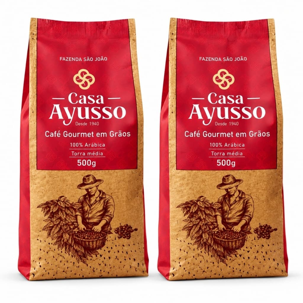 Kit 2 Cafés Casa Ayusso Gourmet em Grãos 500g 100% Arábica Torra Média Aroma Intenso Corpo Médio