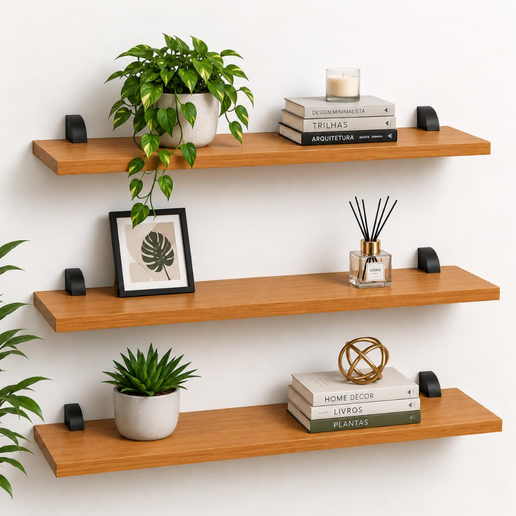 Kit 3 Prateleiras Parede MDF Suporte Invisível Bico de Tucano Nicho Suspenso Decorativo Sala Quarto Cozinha
