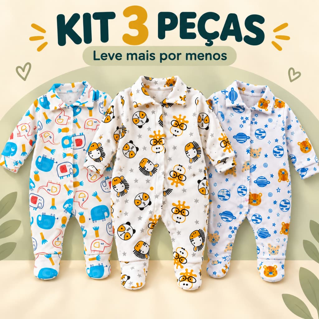 Kit 3 Macacão Bebê Infantil Vira pé Estampado Sortido Ribana Menino Enxoval Maternidade