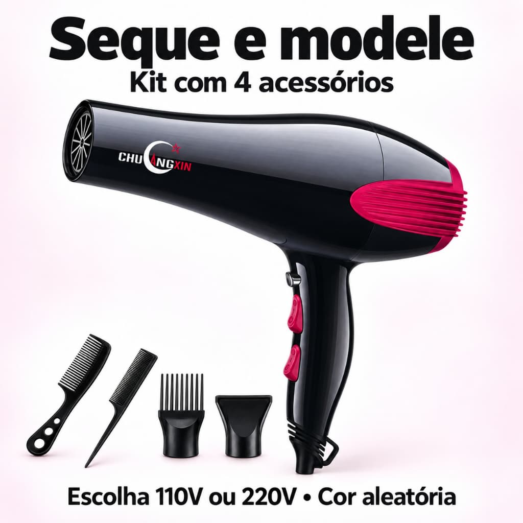 Secador de Cabelo Profissional 6000W 4 em 1 com 2 Velocidades, 3 Temperaturas – 110V ou 220V