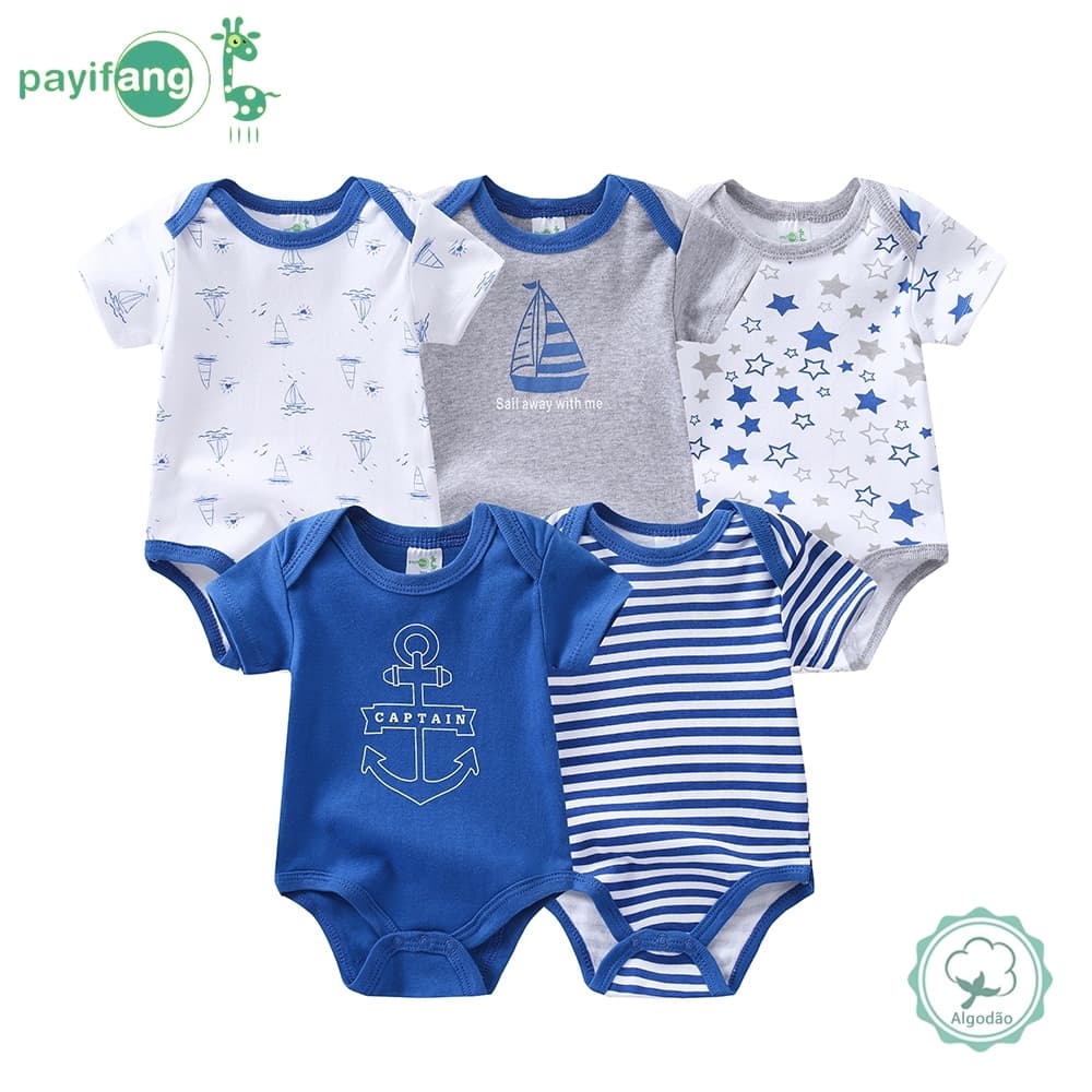 Kit 5 Peças Body Bebê Manga Curta 100% Algodão Âncora Veleiro 0 a 12 Meses Macio Confortável Enxoval Infantil