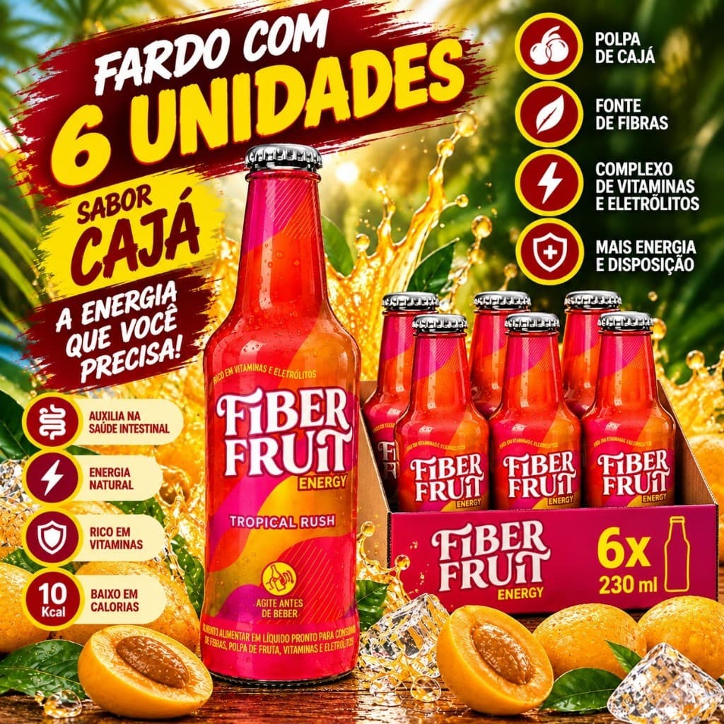 Fiber Fruit Energetico Cajá 230ml – Kit 6 Unidades | Bebida com Fibras, Vitaminas e Eletrolitos