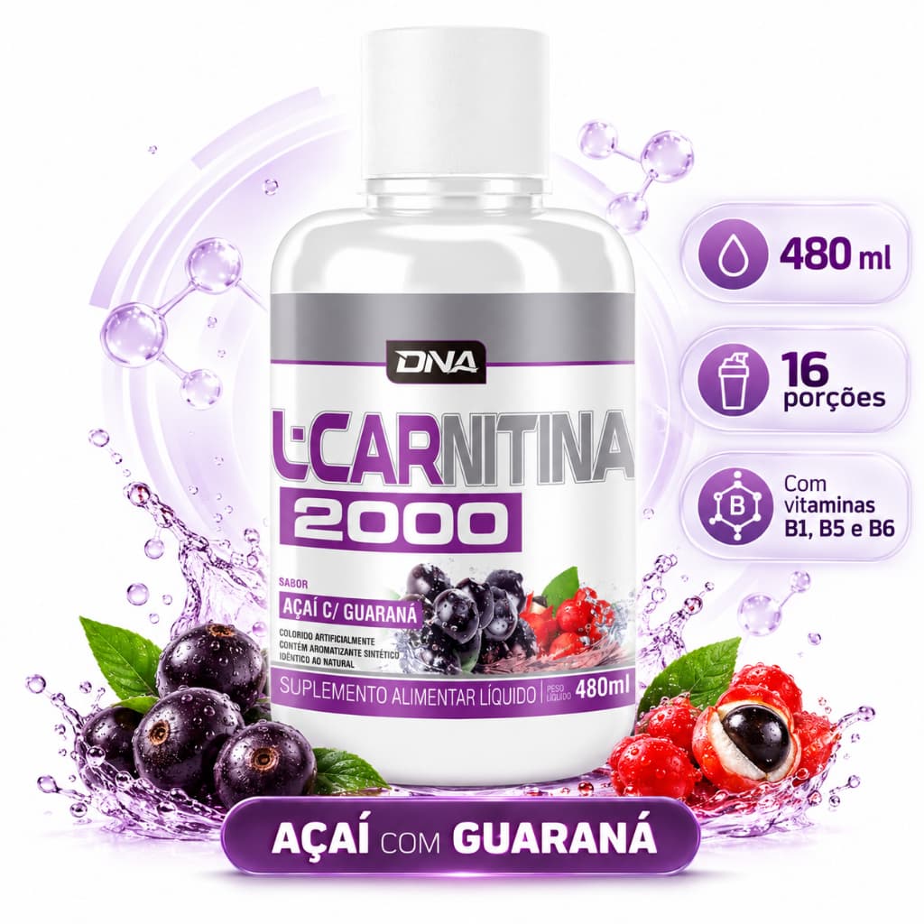 L-Carnitina 2000mg Líquida Açai c Guarana DNA Suplementos 480ml 16 Porções Vitaminas B1 B5 B6 Pré Treino Fitness