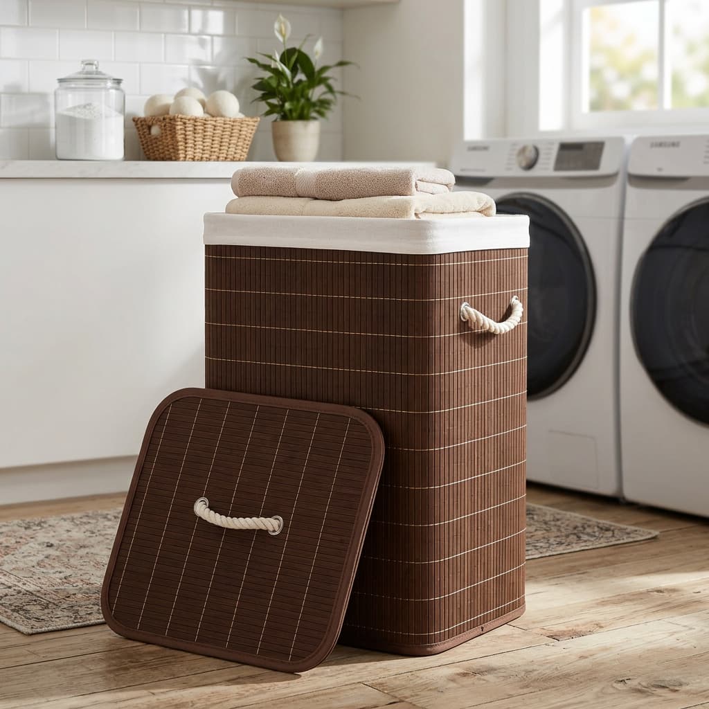 Cesto Roupa Suja Bambu 70 Litros Grande Com Tampa Alça Organizador Baú para Quarto Banheiro Lavanderia