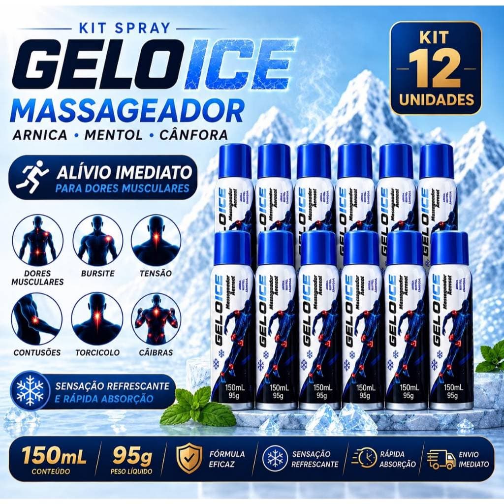 KIT 12 Spray Massageador Aerossol Geloice Mentol Arnica Alivia Dor Muscular Bursite Câimbra Torção Contusão