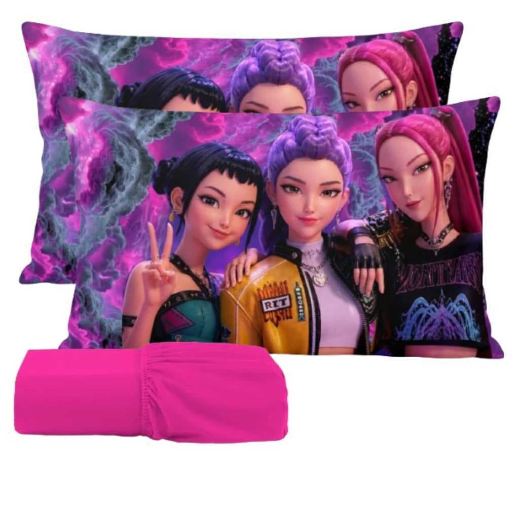 JOGO DE LENÇOL CASAL 3 PEÇAS PERSONALIZADAS DE LUXO GUERREIRAS DO K-POP FRONHA TRAVESSEIRO LENÇOL DE ELASTICO