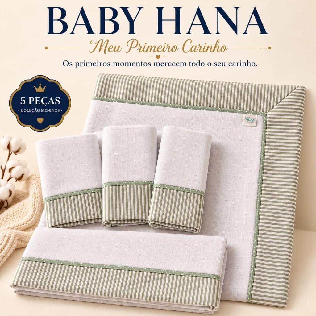 Kit Fraldas Bebê Premium 5 Peças Baby Hana Meu Primeiro Carinho | Enxoval Menino Pano de Boca Ombro e Passeio