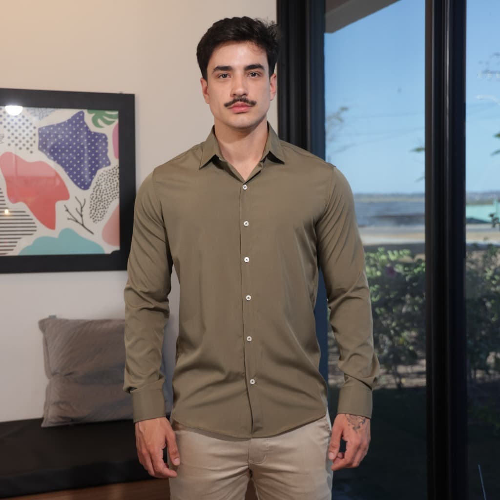 Camisa Social Masculina Manga longa Com Lycra Slim Fit Confortável Leve Respirável Não Amassa