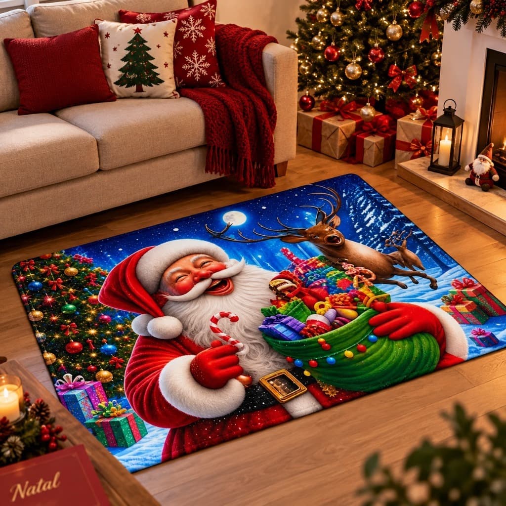 Tapete Natalino Antiderrapante Natalino Papai Noel Sala Quarto Decoração de Natal Grande