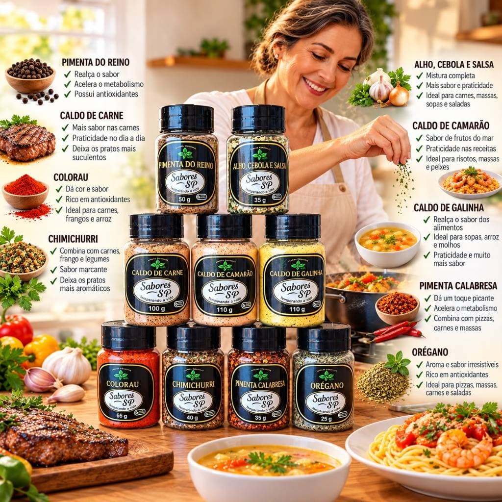Kit 9 Temperos e Condimentos em Potes Sabores SP Pimenta do Reino Chimichurri Orégano e Caldos