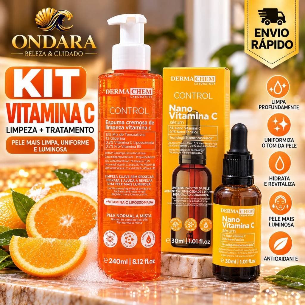 Kit Vitamina C Dermachem Sérum Facial Nano 30ml + Espuma de Limpeza Facial 240ml Skincare