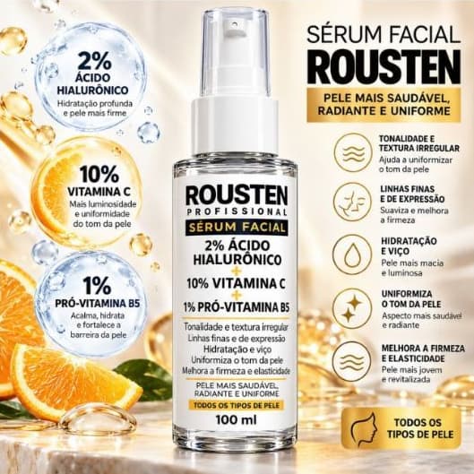 Sérum Facial ROUSTEN 100ml Rosto e Pescoço 2% Ácido Hialurônico 10% Vitamina C 1% Pró-Vitamina B5