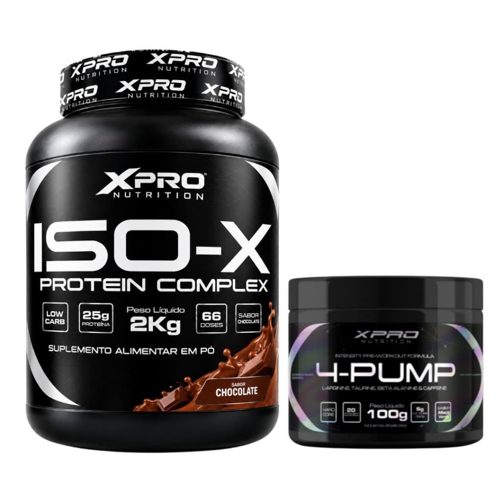Whey Protein ISOX Complex Chocolate 2Kg e Pré Treino 4-Pump Maça Verde 100g Kit XPro Treino e Ganho de Massa Muscular