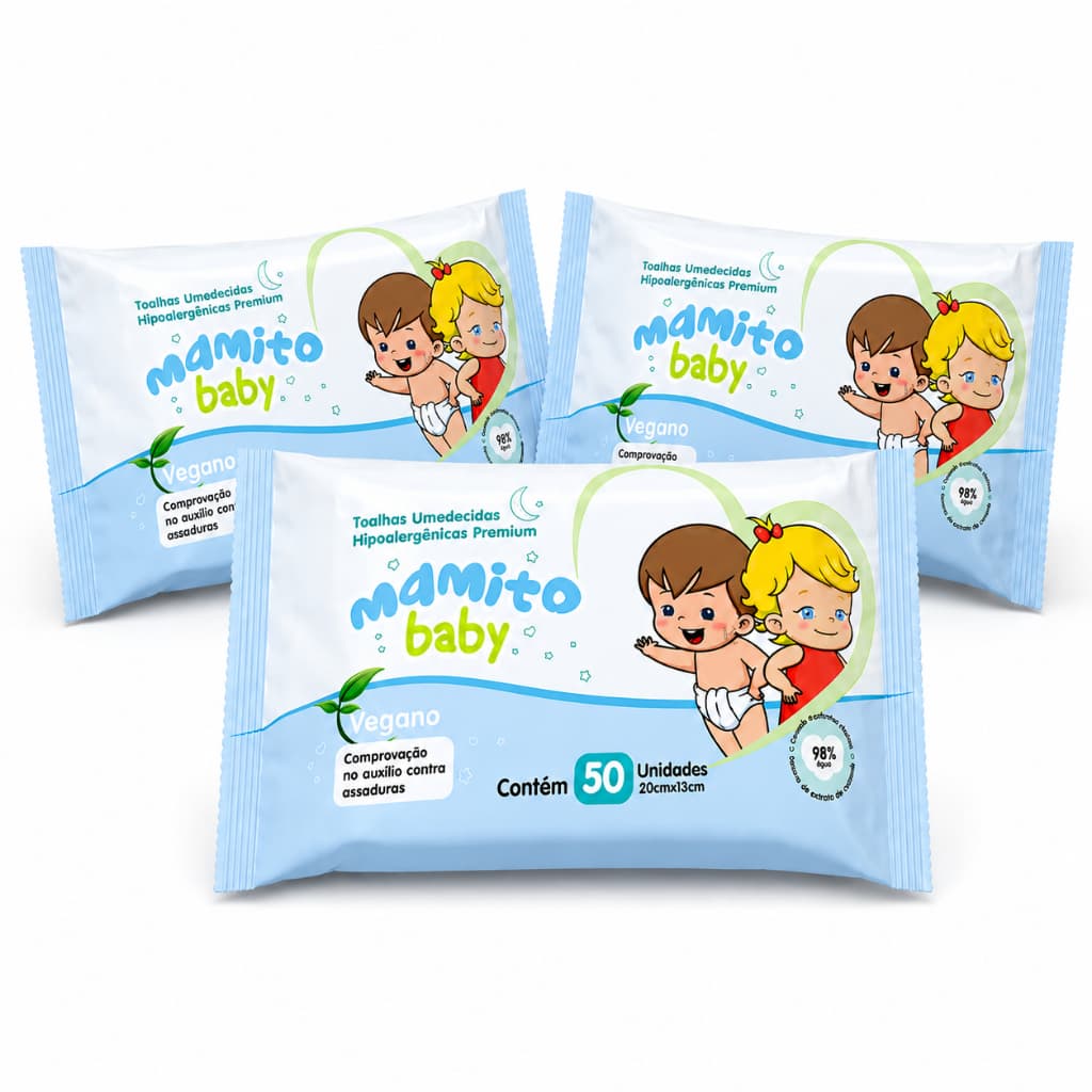 Kit 3 Pacotes Toalhas umedecidas para bebê Mamito Baby 50 Folhas | Kit lenço umedecido bebê
