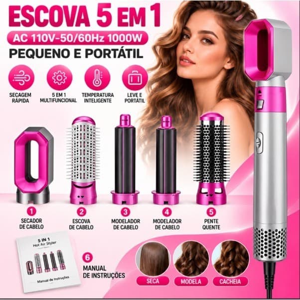Escova Secadora 5 em 1 110V Profissional – Modeladora, Alisadora, Pente Elétrico e Volumizador de Cabelos