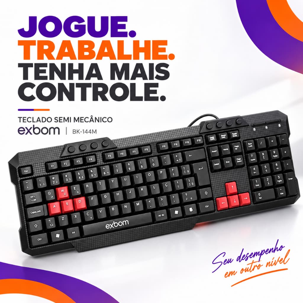 Teclado Gamer Semi Mecânico ABNT2 USB Com Fio Multimídia Preto Teclas WASD Para PC Notebook
