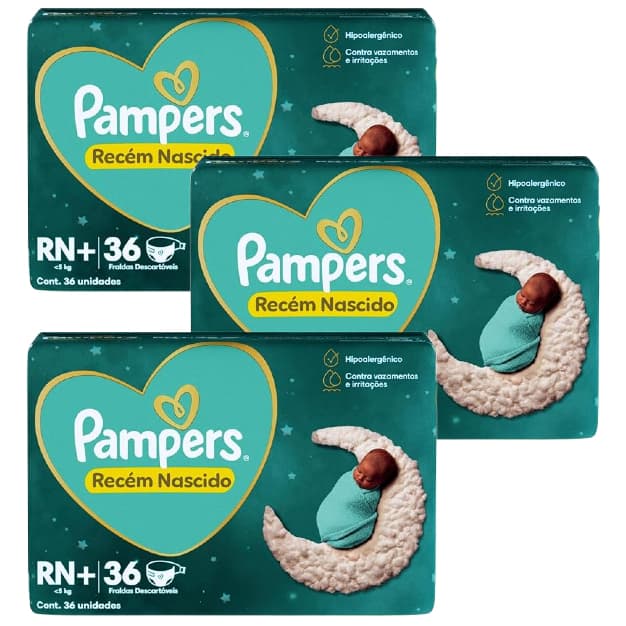 Kit 3ptes de Fraldas Pampers RN+ RECÉM NASCIDO 36un até 5kg EQ.1