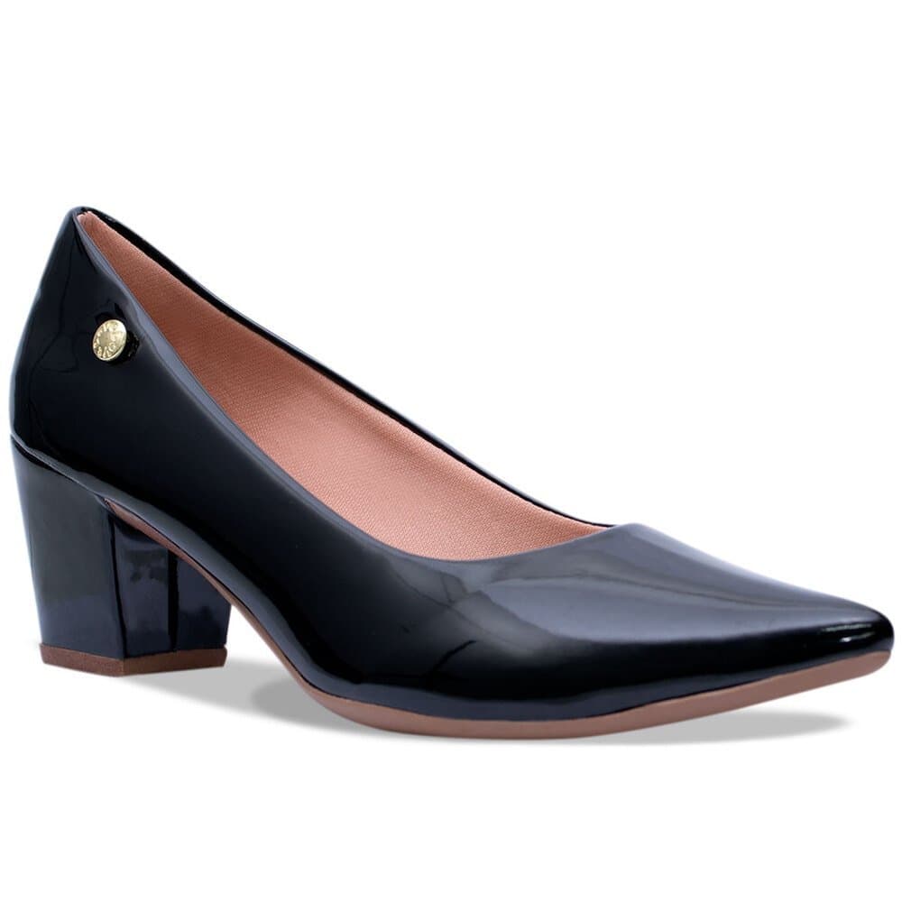 Sapato Scarpin Feminino Bico Fino Salto Baixo Grosso Confortável Verniz Sapato Social Elegante