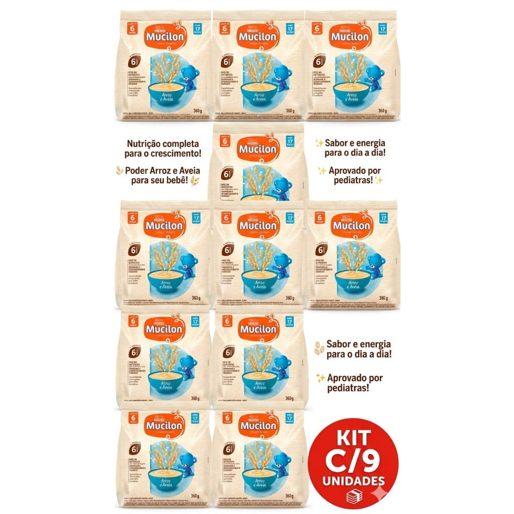 kit c/9 Cereal Infantil Mucilon de Arroz e Aveia 360g - Embalagem com 9