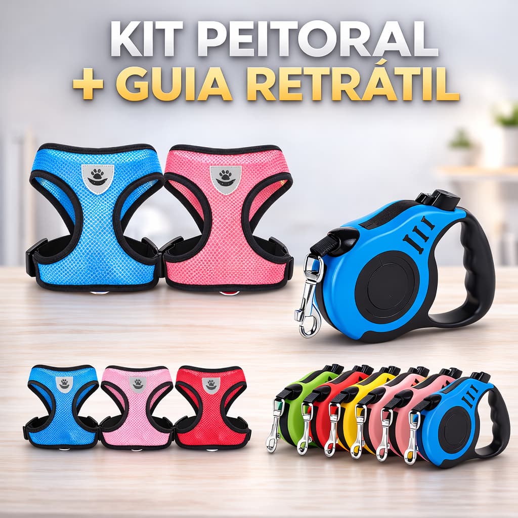 Guia + Coleira Peitoral Colete Gato Cachorro Guia Retrátil Ajustável Pet Passeio Cães Pequenos Médios Gran