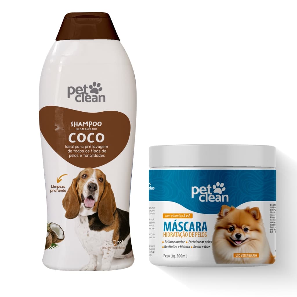 Pet Clean Shampoo e Condicionador 2em1 Coco 700ml e Máscara de Hidratação para Cães e Gatos